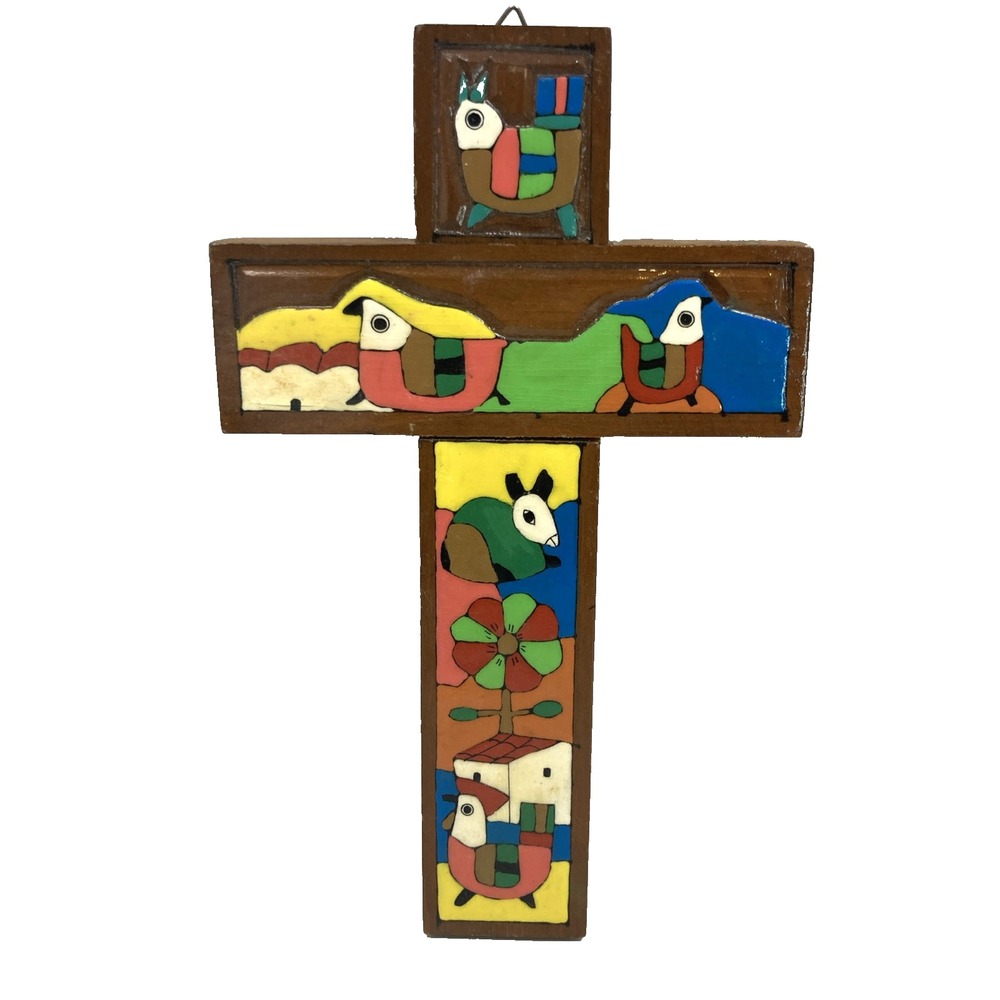 Vintage Folk Art Hand Painted Wall Wood Cross, Handmade In El Salvador, 9.5"